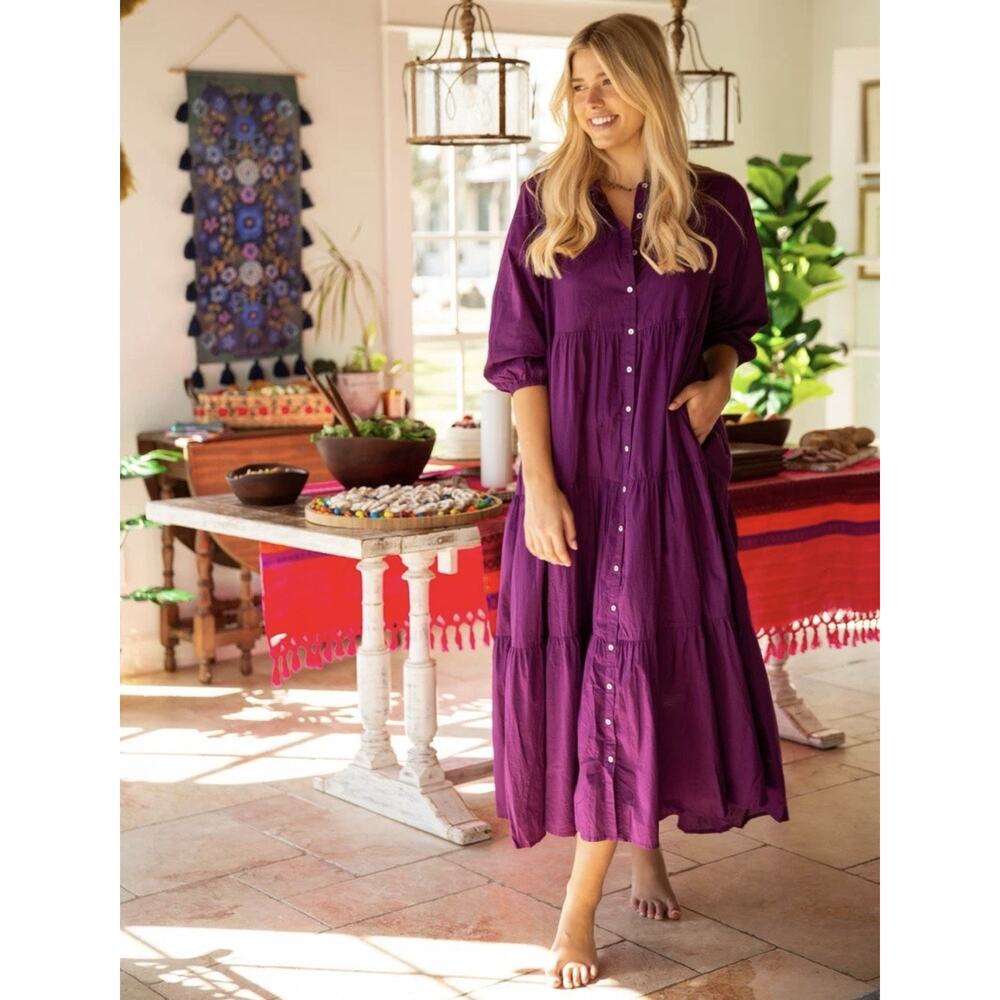 Natural Life April Button Down Maxi Dress - XS Purple Tiered Cotton Boho Prairie